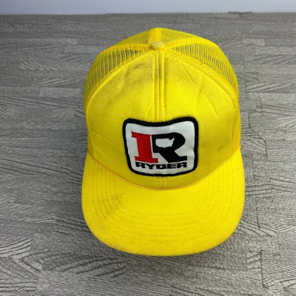 Vintage 80s Ryder Trucker Hat Cap Snap Back Adjustable Yellow Rope Patch Logo‎